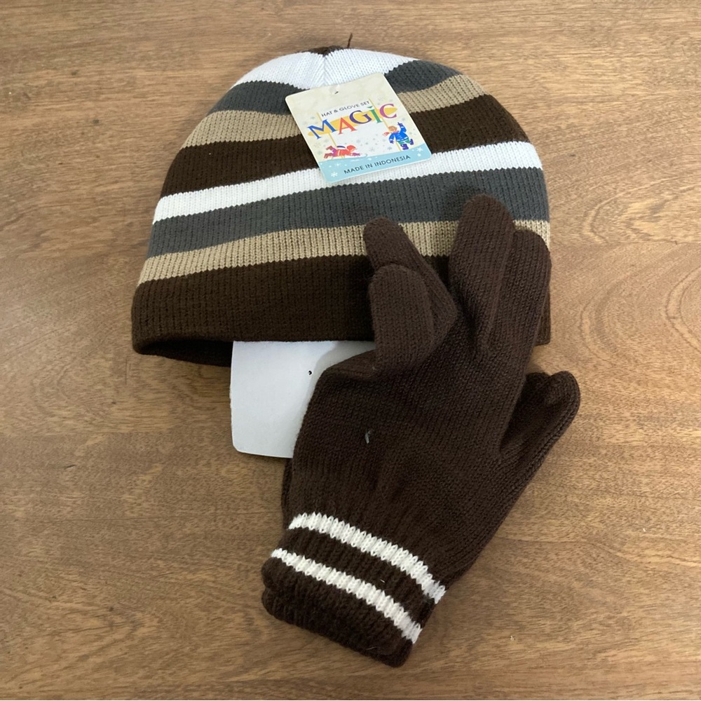 5/$15 NWT Unisex Magic Hat & Glove SET Brown Striped OS